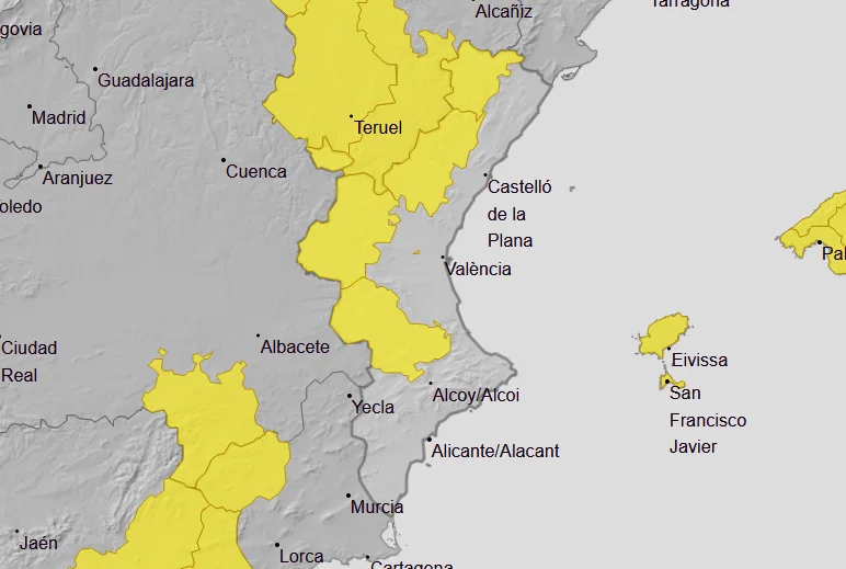 AEMET vuelve a activar el aviso amarillo por fuertes vientos en el interior de Castello y Valencia