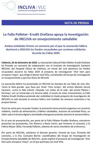 La Falla Palleter homenajeará con sus monumentos a las personas mayores y recaudará fondos para la investigación del INCLIVA