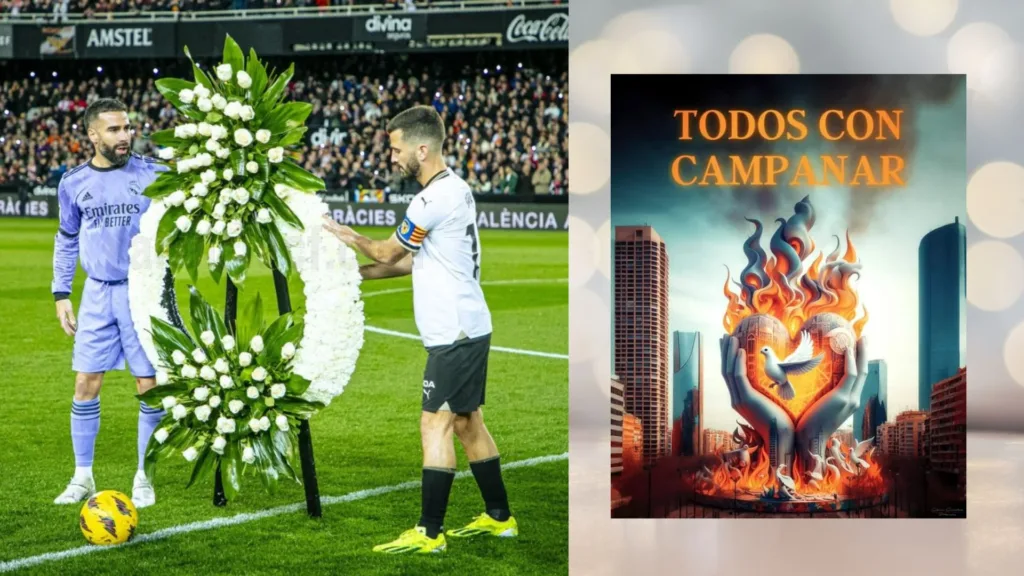 Portada Homenaje en Mestalla capitanes Valencia y R.Madrid portan corona centro campo y apoyo campanar
