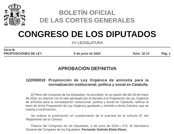 El Boletín Oficial de las Cortes Generales publica la aprobación definitiva de la ley de amnistía