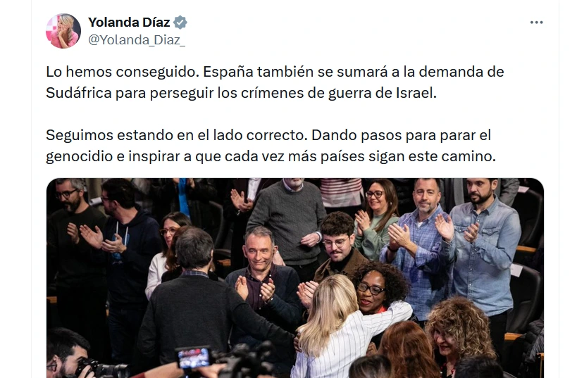 Yolanda Díaz anuncia que España se sumará a Sudáfrica y demandará a Israel por crímenes de guerra