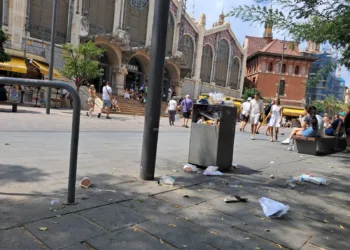 Las papeleras a rebosar cada día en el entorno del Mercado Central de Valencia