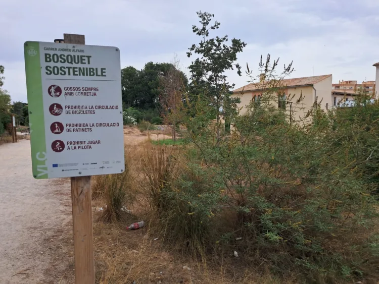 El Bosquete Sostenible de Benicalap abandonado, seco, con basura y malas hierbas