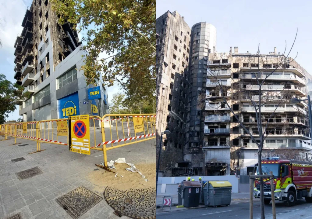 Tareas de limpieza del edificio incendiado en Campanar