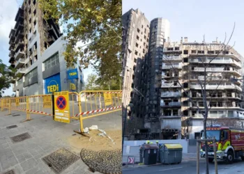 Comienzan las tareas de limpieza y desescombro del edificio incendiado en Campanar