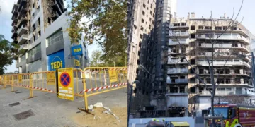 Comienzan las tareas de limpieza y desescombro del edificio incendiado en Campanar