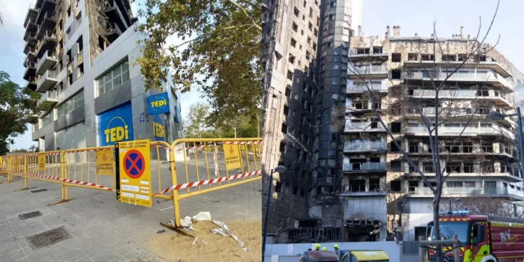 Comienzan las tareas de limpieza y desescombro del edificio incendiado en Campanar