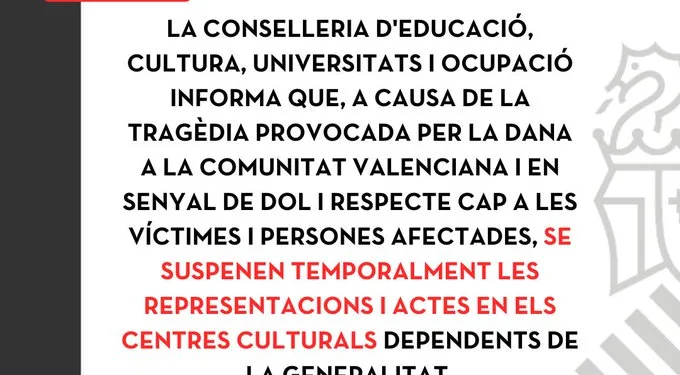 Suspendidas temporalmente las actividades en centros culturales de la Generalitat debido a la DANA 1 Suspendidas temporalmente las actividades en centros culturales de la Generalitat debido a la DANA