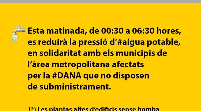 Aviso importante: Reducción de la presión de agua en Valencia en solidaridad con los municipios afectados por la DANA 1 Aviso importante: Reducción de la presión de agua en Valencia en solidaridad con los municipios afectados por la DANA