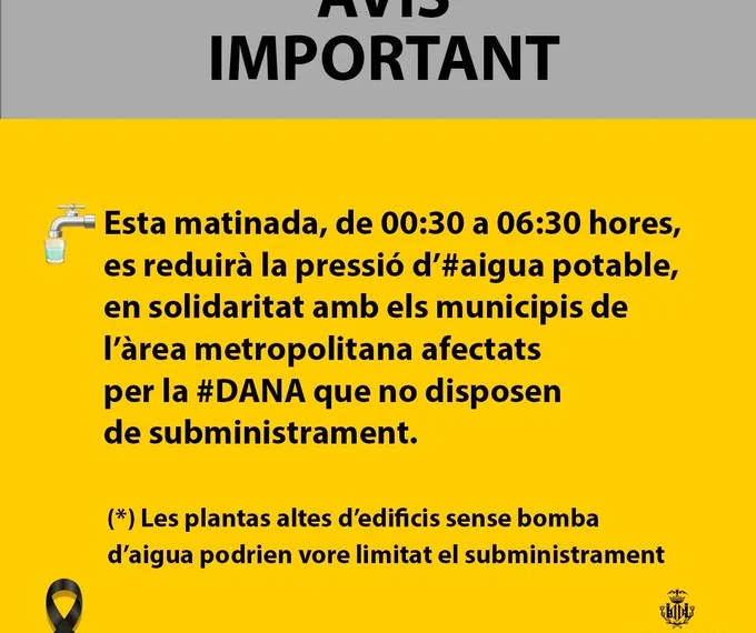 Aviso importante: Reducción de la presión de agua en Valencia en solidaridad con los municipios afectados por la DANA