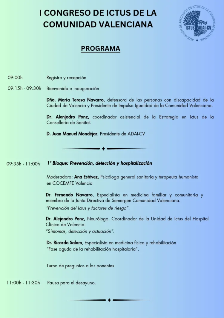 ADAI CV invita a asistir al «I Congreso sobre Ictus de la Comunitat Valenciana»