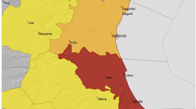 AEMET declara aviso rojo en el litoral sur de Valencia por lluvias intensas de hasta 90 l/m² 1 Nuevas carreteras cortadas en La Ribera Baixa por las precipitaciones