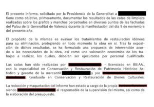 Los daños al Palau de la Generalitat se cifran en 22.496,20€