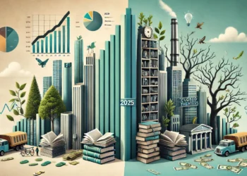 DALL·E 2025 03 20 21.02.47 A modern and conceptual digital illustration representing the 2025 budget of the Generalitat Valenciana. The artwork should show two contrasting sides