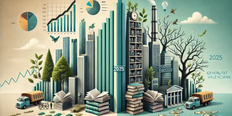 DALL·E 2025 03 20 21.02.47 A modern and conceptual digital illustration representing the 2025 budget of the Generalitat Valenciana. The artwork should show two contrasting sides