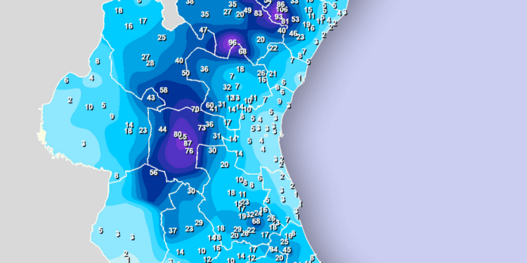 Alcudia de Veo (Castellón) alcanza los 100 litros y Buñol (Valencia) los 85 litros acumulados hoy de lluvias