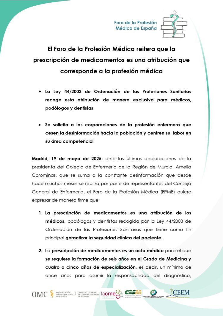 El FPME recuerda que la ley indica que solo la profesión médica puede recetar medicamentos, la enfermería no
