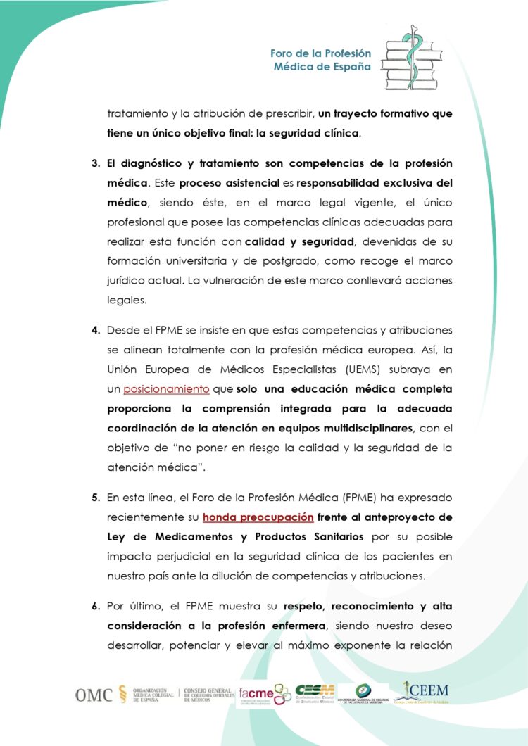 El FPME recuerda que la ley indica que solo la profesión médica puede recetar medicamentos, la enfermería no