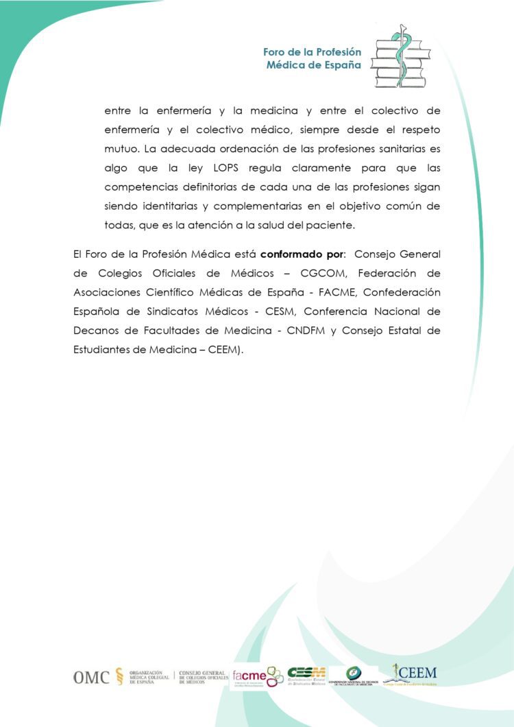 El FPME recuerda que la ley indica que solo la profesión médica puede recetar medicamentos, la enfermería no