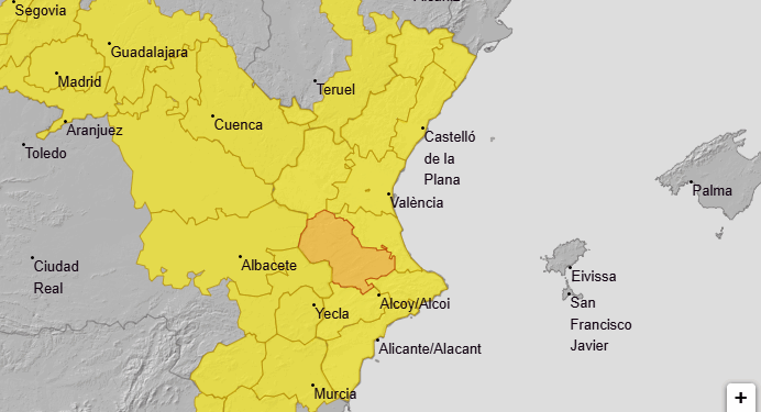 Alerta nivel naranja de 12 a 22 horas en el interior sur de Valencia por fuertes tormentas acompañadas de granizo