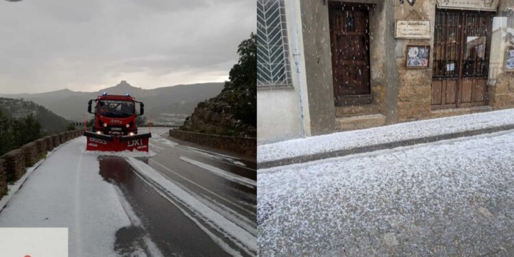 Una fuerte granizada en Morella obliga a sacar las quitanieves para limpiar carreteras