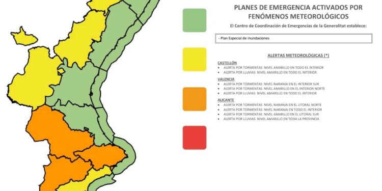 Nivel amarillo por lluvias y tormentas en todo el interior de Castellón. 🟡Nivel amarillo por lluvias en todo el interior de Valencia y por tormentas en su interior norte. 🟠Nivel naranja por tormentas en el interior sur de Valencia. 🟡Nivel amarillo por lluvias en toda la provincia de Alicante y por tormentas en el litoral sur. 🟠Nivel naranja por tormentas en el interior y en el litoral norte de Alicante.