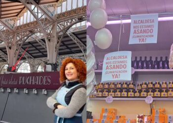 a mayoría de vendedores del Mercado Central se asan de calor mientras la presidenta Merche Puchades se instala su aire acondicionado