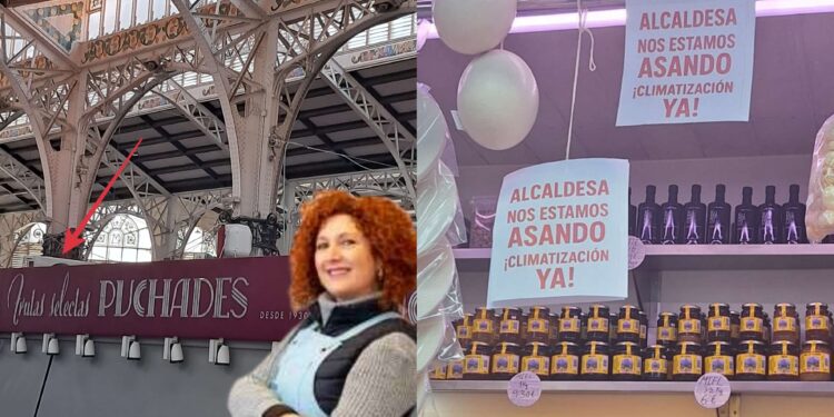a mayoría de vendedores del Mercado Central se asan de calor mientras la presidenta Merche Puchades se instala su aire acondicionado
