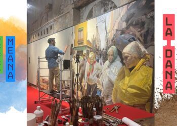 Kike Meana crea en público “La DANA”, un cuadro monumental para Valéncia