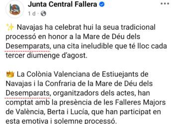 Lo Rat Penat deplora que la Junta Central Fallera catalanise el nom de la nostra Patrona