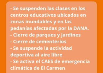 Valencia suspende clases el lunes en Pedanías Sur afectadas por la dana y zonas inundables por la alerta naranja por lluvias