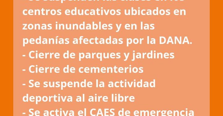 Valencia suspende clases el lunes en Pedanías Sur afectadas por la dana y zonas inundables por la alerta naranja por lluvias 1 Valencia suspende clases el lunes en Pedanías Sur afectadas por la dana y zonas inundables por la alerta naranja por lluvias