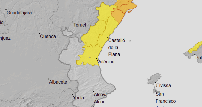 AEMET lanza avisos amarillos y naranjas para mañana por lluvias y tormentas en la CV 1 AEMET lanza avisos amarillos y naranjas para mañana por lluvias y tormentas en la CV