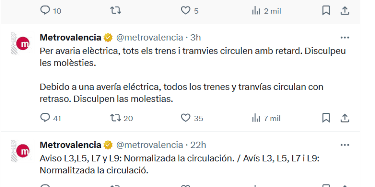 Una nueva caída de la red eléctrica de Metrovalencia produce retrasos generalizados