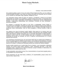 AGRADECIMIENTO EN NOMBRE DEL PUEBLO DE VENEZUELA MARIA CORINA MACHADO NOBEL DE LA PAZ 2025
