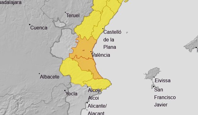 AEMET amplía los avisos/ alertas por lluvias, y activa la alerta naranja para el Golfo de Valéncia el lunes