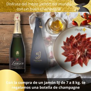 Con la compra de un jamon 5J 7 a 8 kg. te regalamos una botella de champagne