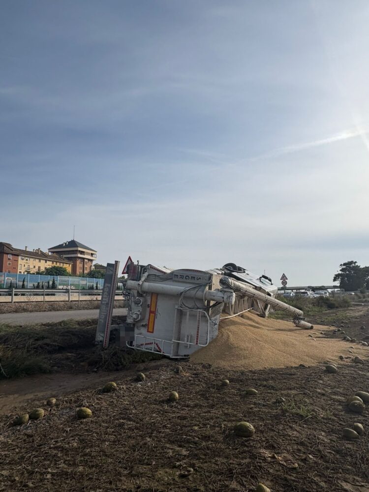 Un camión vuelca sobre un campo en el vial de servicio de la V21 en Alboraya