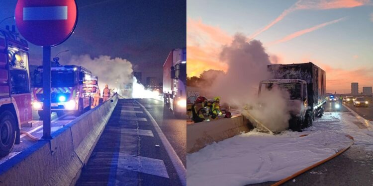 Un camión de grano se incendia en la V-30 esta mañana