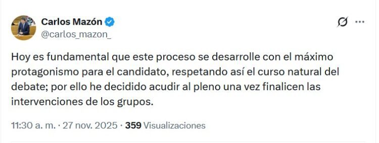 Carlos Mazón anuncia en redes sociales que irá más tarde a Les Corts Valencianes