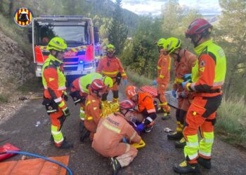 Bomberos rescatan a un conductor atrapado tras una salida de vía en Vallada 16 Bomberos rescatan a un conductor atrapado tras una salida de vía en Vallada