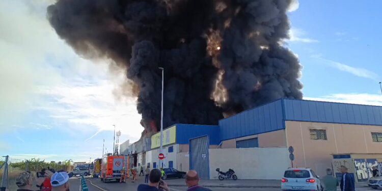 Gran columna de humo en la Malvarrosa y Patacona por un espectacular incendio industrial en Alboraya 1 Gran columna de humo en la Malvarrosa y Patacona por un espectacular incendio industrial en Alboraya