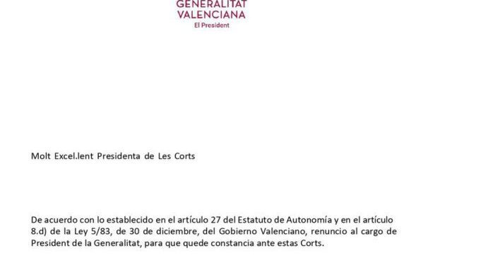 Mazón presenta su escrito de renuncia como presidente de la Generalitat en las Corts Valencianes 1 renuncia de carlos mazon como presidente de la generalitat valenciana portrait aspect ratio default da39