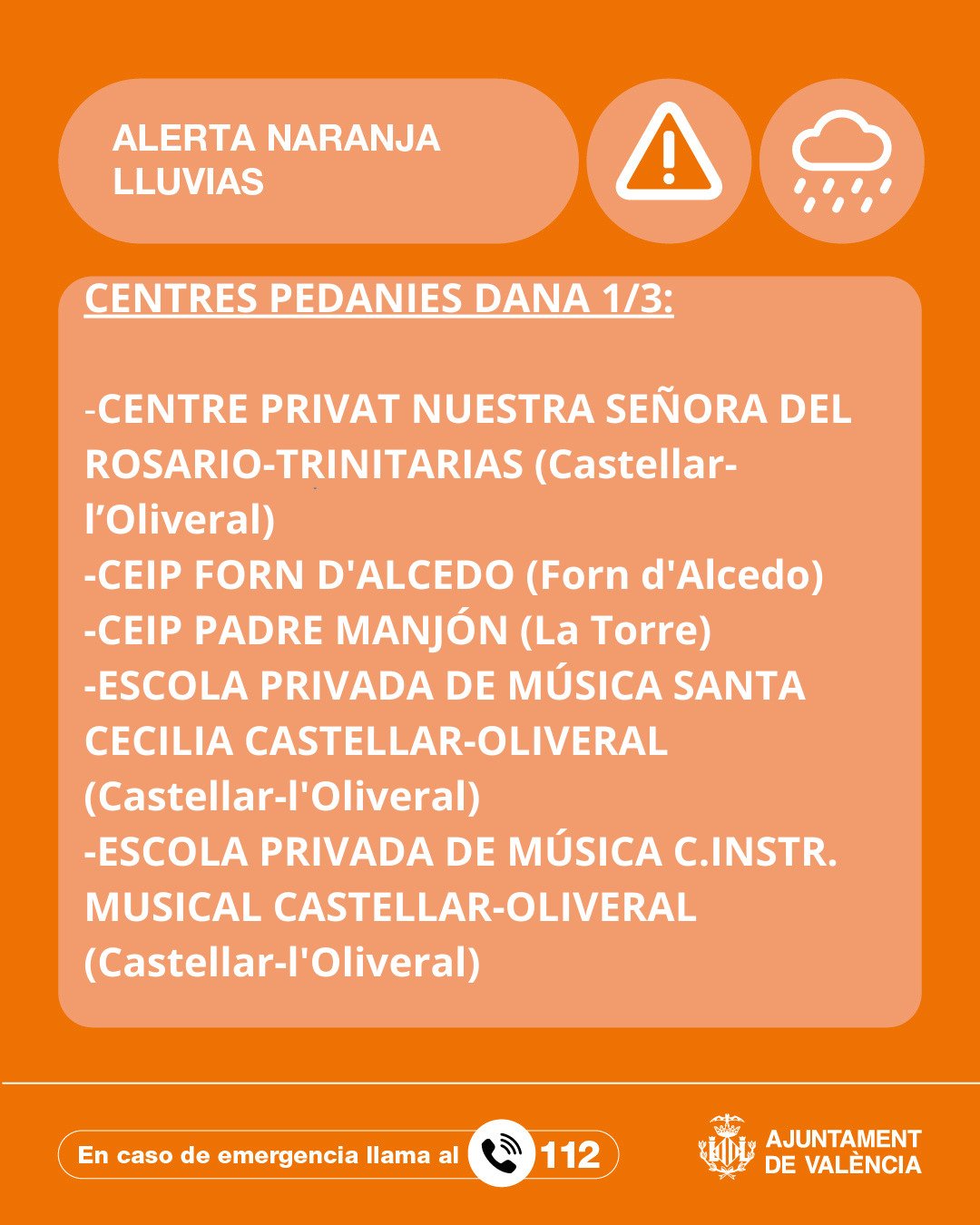 Valéncia suspende las clases en 32 Centros Educativos por Alerta Naranja de lluvias 4 G8JfPsjWoAMf8aQ