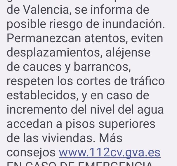 GVA Emergencias envia un nuevo EsALERT a toda la provincia de Valencia por riesgo de INUNDACIÓN
