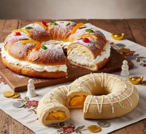 Imagen en plano detalle de una Casca valenciana tradicional en forma de serpiente, mostrando la textura granulada del mazap&aacute;n de almendra y un corte lateral que revela el relleno artesanal de dulce de boniato y yema, sobre una superficie r&uacute;stica.