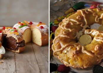 Imagen dividida que muestra a la izquierda un Roscón de Reyes de masa esponjosa con frutas escarchadas y azúcar, y a la derecha una Casca valenciana tradicional de mazapán con forma de corona decorada con glaseado blanco.