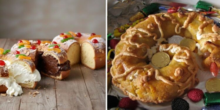 Imagen dividida que muestra a la izquierda un Roscón de Reyes de masa esponjosa con frutas escarchadas y azúcar, y a la derecha una Casca valenciana tradicional de mazapán con forma de corona decorada con glaseado blanco.