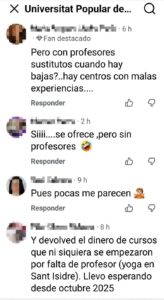 Comentario en redes sociales sobre el deterioro del servicio de la Universitat Popular en los barrios de Valencia