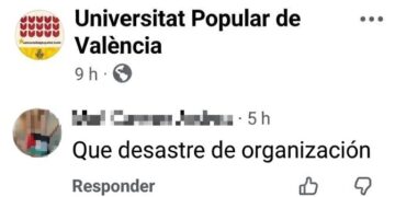 Captura de pantalla con queja de alumna de la Universitat Popular de Valencia por falta de docentes